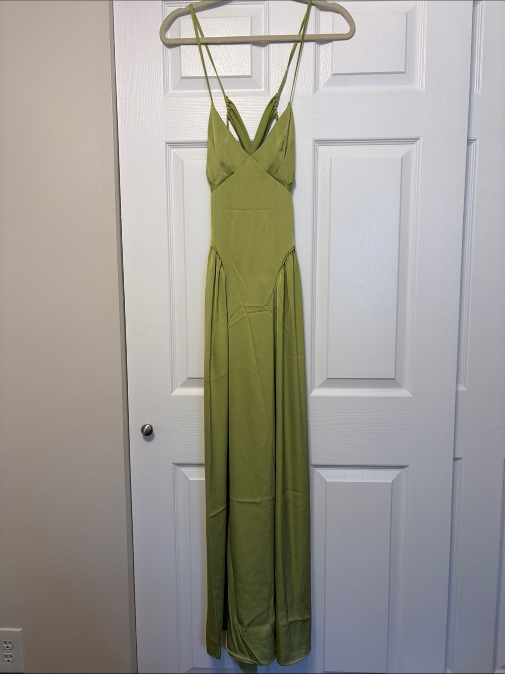 Olive Green Satin Spaghetti Strap Maxi Dress